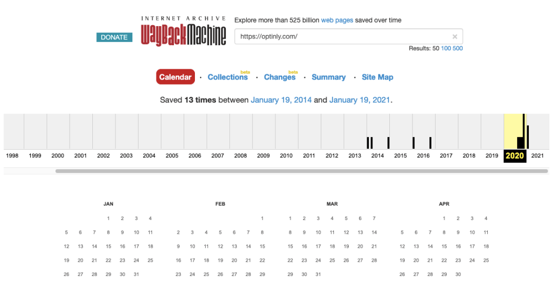 Optinly-Wayback-Machine Wisernotify domain activity history