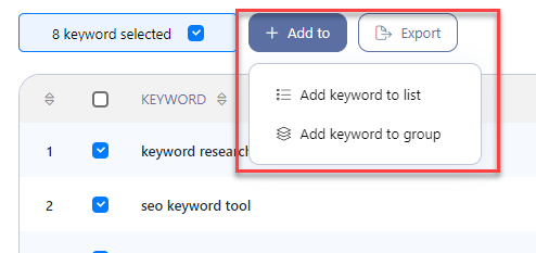 "Add to" option in the keyword explorer