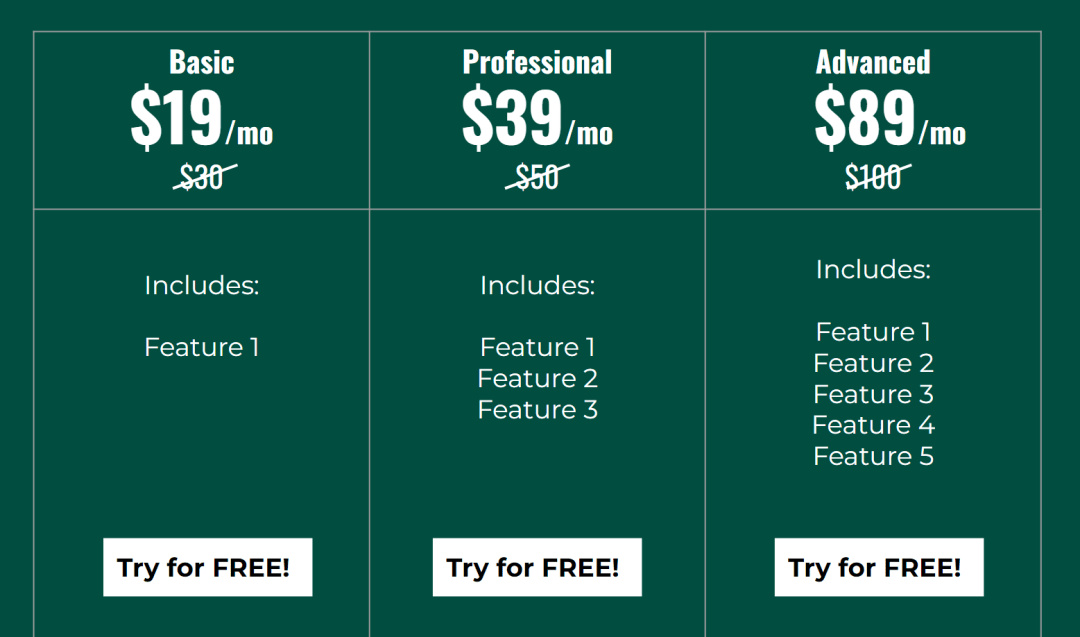 pricing table with slashed original prices