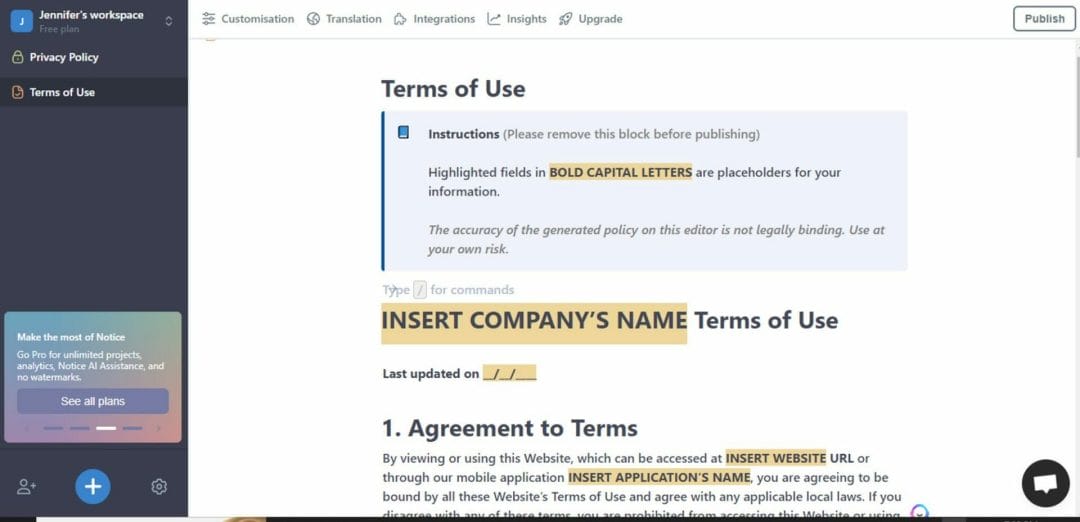 Notice Terms of Use Template Notice Terms of Use Template